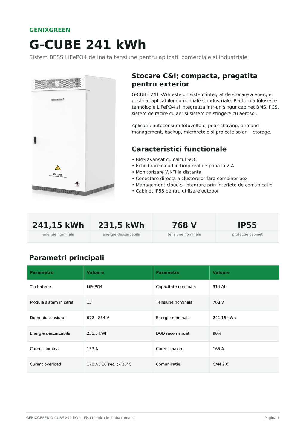 Sistem de Stocare Energie GenixGreen G-CUBE 241 kWh LiFePO4 – BESS Industrial, IP55